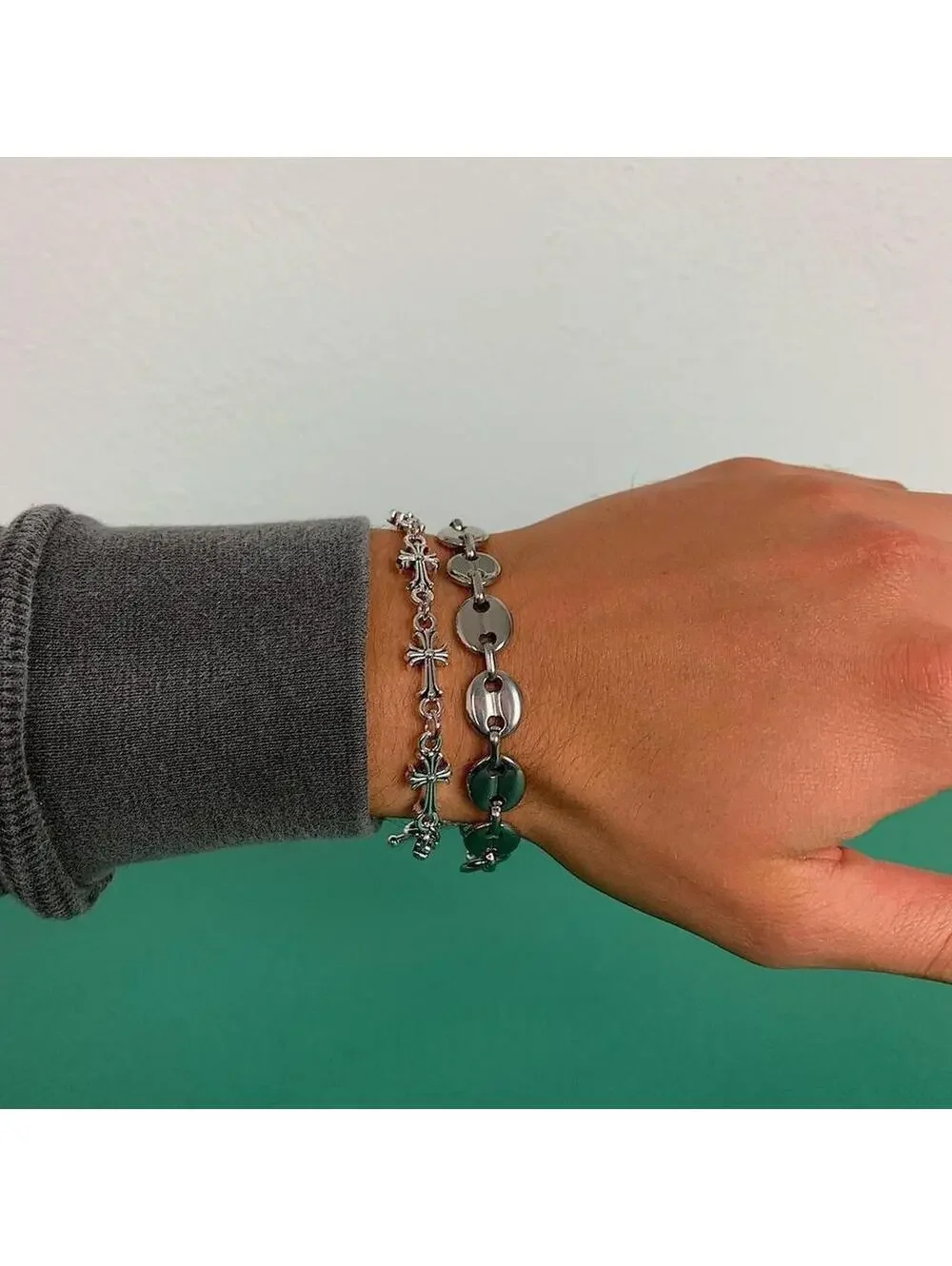 Y2k Cyber Vintage style Coffee Bean Stainless Steel Silver Bracelet. High